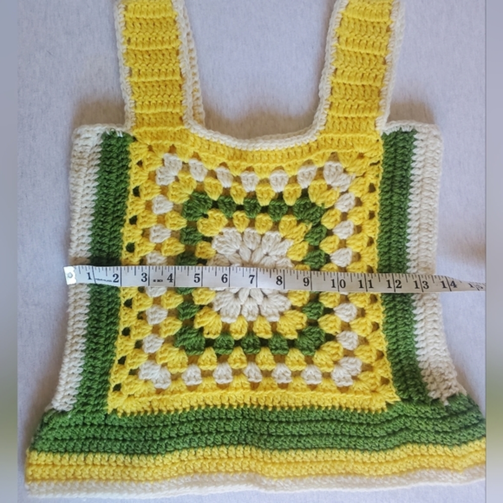 Vintage crochet knit tank top floral wool yellow VTG 70s cottagecore boho small - Picture 9 of 11